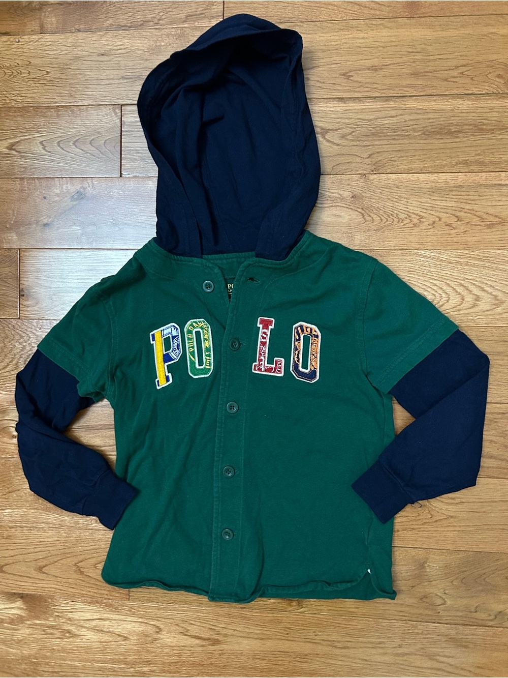 Polo Ralph Lauren Boys Size 6 Green Navy Layered Hooded Shirt POLO Logo